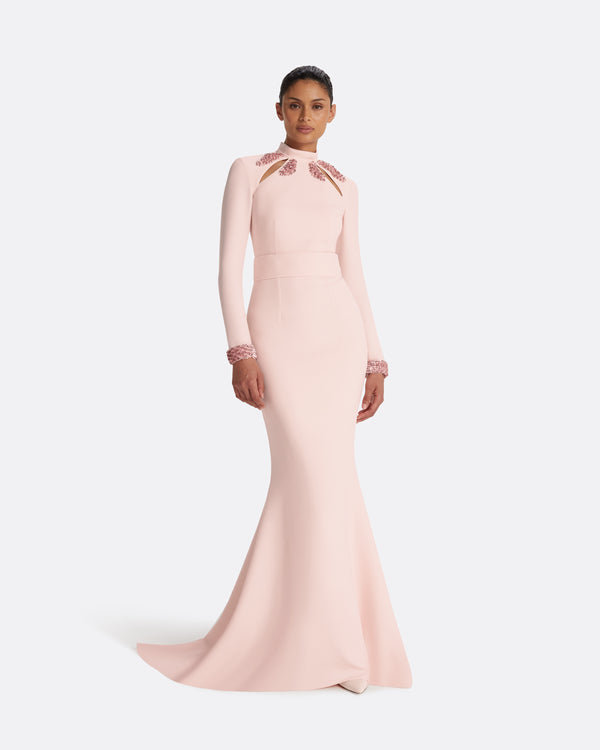 safiyaa Kamala Pale Pink & Curled Leaf Embroidery Long Dress