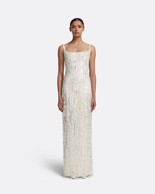 safiyaa Kristena Long Dress in Ivory with Crystal Embellishment