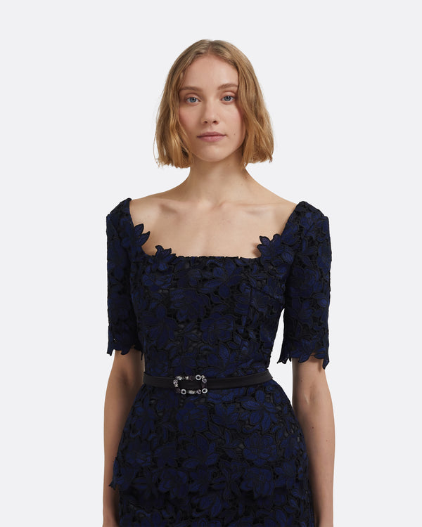 Safiyaa Lacey Top In Black & Navy With Gunmetal Embellishment