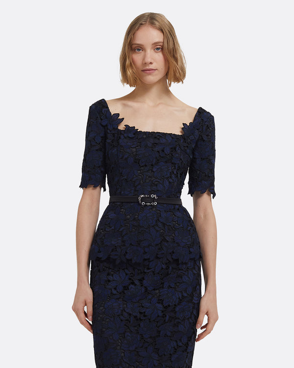 safiyaa Lacey Top in Black & Navy with Gunmetal Embellishment