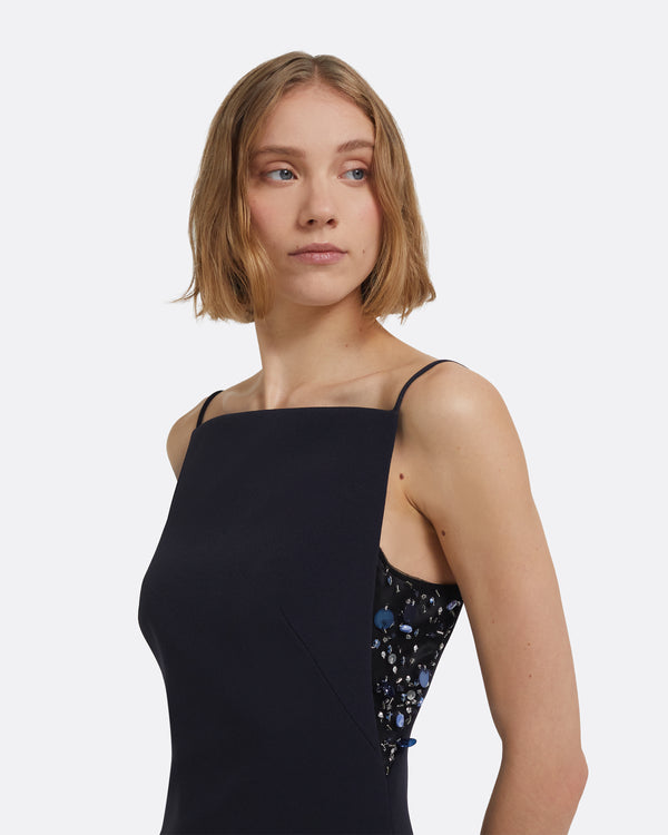 Safiyaa Leah Long Dress In Midnight Navy With Multi-Blues Embellishments