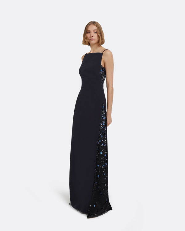 Safiyaa Leah Long Dress In Midnight Navy With Multi-Blues Embellishments
