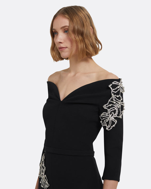 Safiyaa Linda Midi Dress In Black With Crystal Embellishments