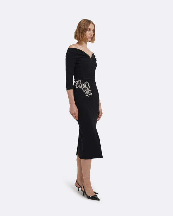 Safiyaa Linda Midi Dress In Black With Crystal Embellishments
