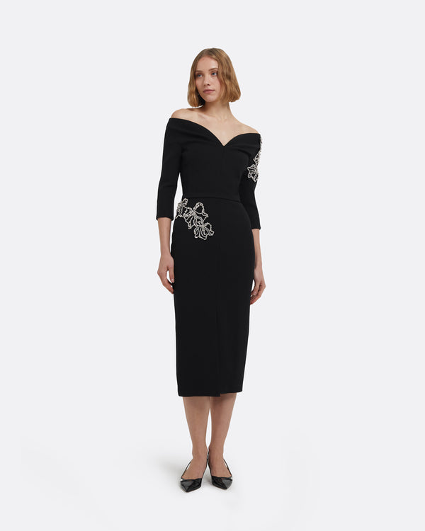 safiyaa Linda Midi Dress in Black with Crystal Embellishments