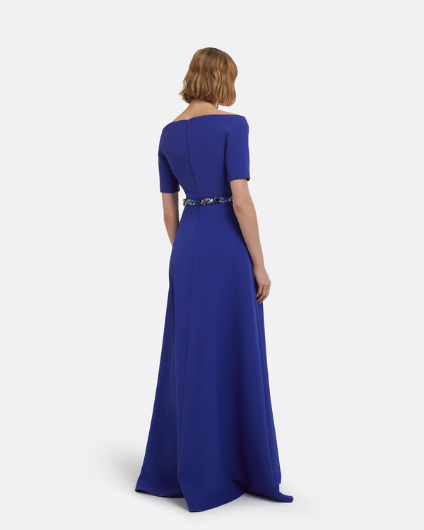 Safiyaa Lydia Long Dress In Skiathos Blue With Multi-Blues Belt