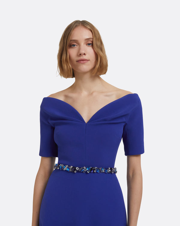 Safiyaa Lydia Long Dress In Skiathos Blue With Multi-Blues Belt