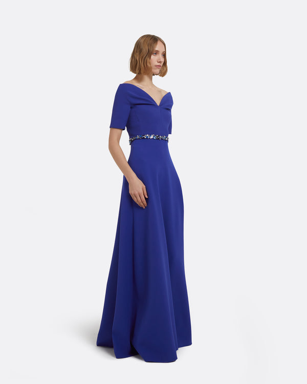 Safiyaa Lydia Long Dress In Skiathos Blue With Multi-Blues Belt