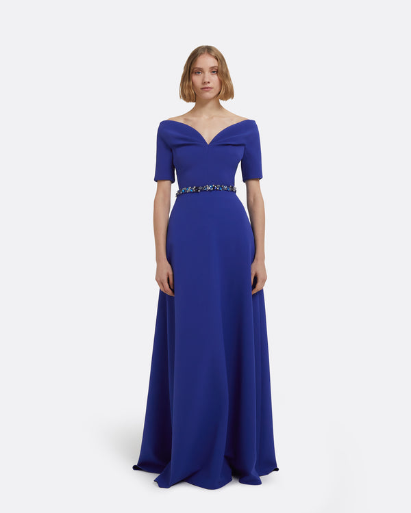 safiyaa Lydia Long Dress in Skiathos Blue with Multi-Blues Belt