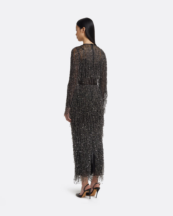Safiyaa Lyran Midi Dress In Peat Brown On Black With Gunmetal