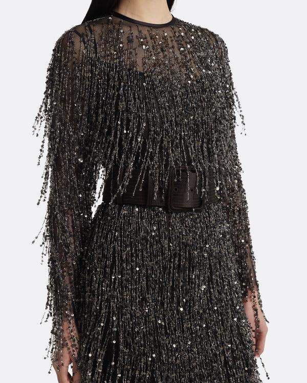 Safiyaa Lyran Midi Dress In Peat Brown On Black With Gunmetal