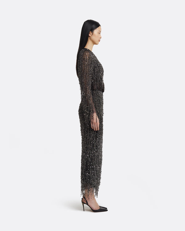 Safiyaa Lyran Midi Dress In Peat Brown On Black With Gunmetal