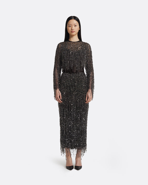 safiyaa Lyran Midi Dress in Peat Brown on Black with Gunmetal