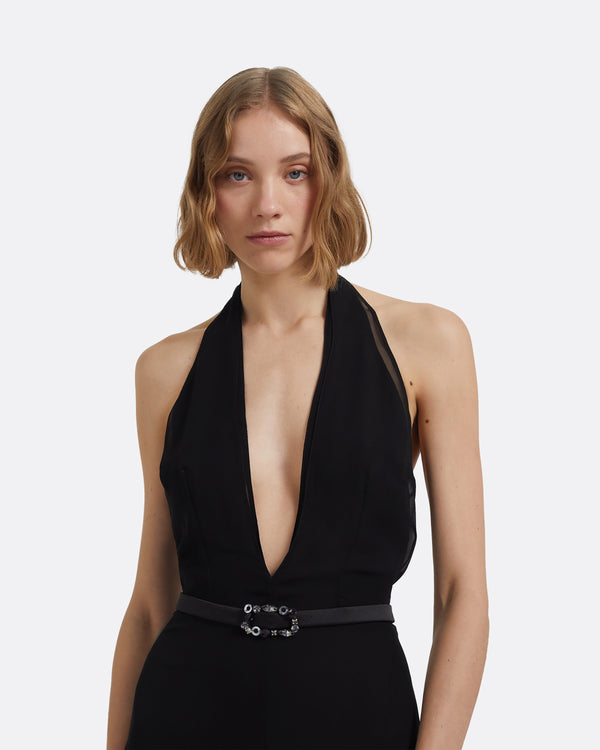 Safiyaa Morgana Long Dress In Black With Embellished Belt