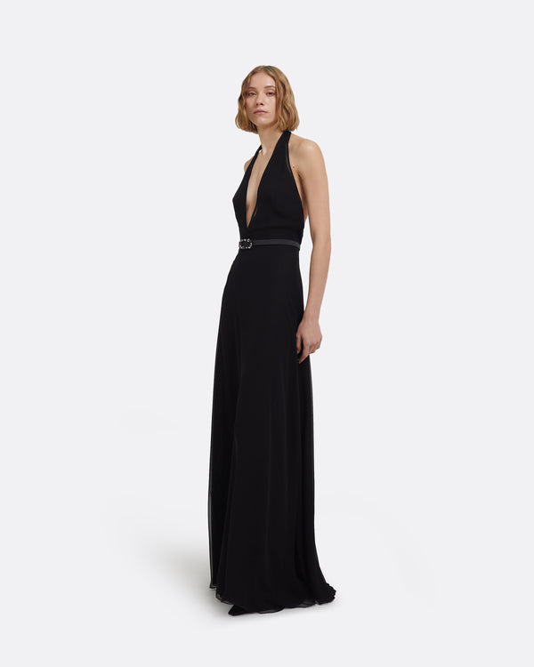 Safiyaa Morgana Long Dress In Black With Embellished Belt