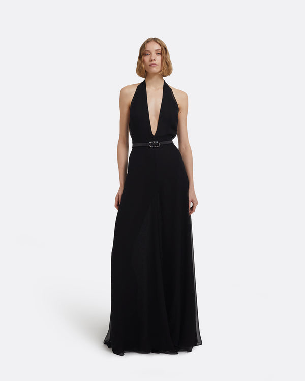 safiyaa Morgana Long Dress in Black with Embellished Belt