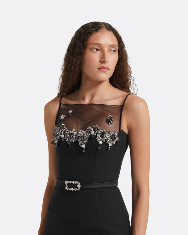 Safiyaa Pelin Black Long Dress With Embroidered Belt