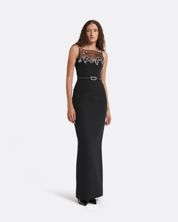 safiyaa Pelin Black Long Dress With Embroidered Belt