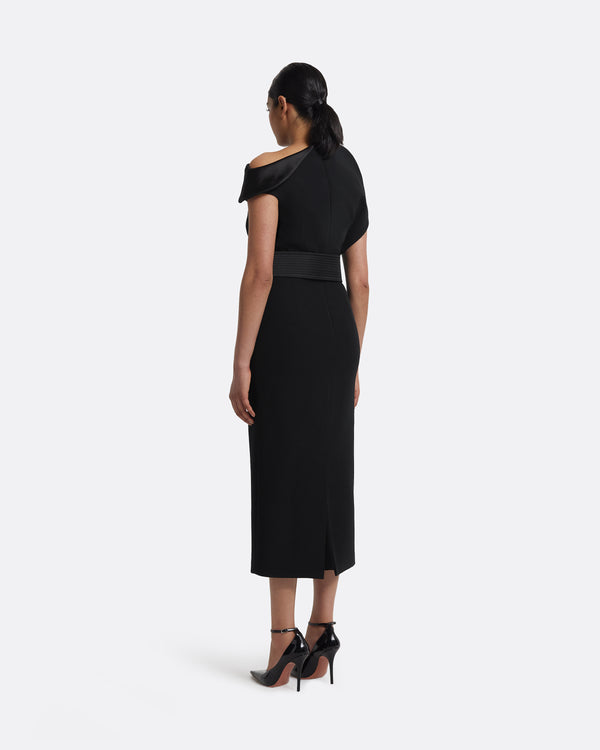 Safiyaa Reina Midi Dress In Black With Crystal And Belt
