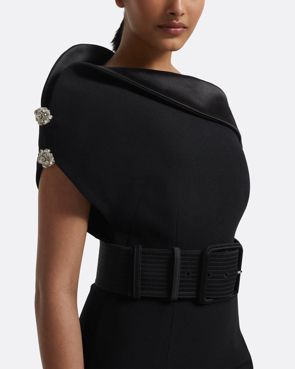 Safiyaa Reina Midi Dress In Black With Crystal And Belt