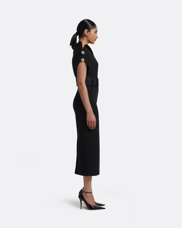 Safiyaa Reina Midi Dress In Black With Crystal And Belt