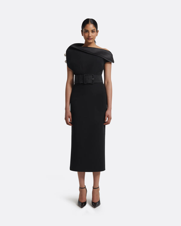 safiyaa Reina Midi Dress in Black with Crystal and Belt
