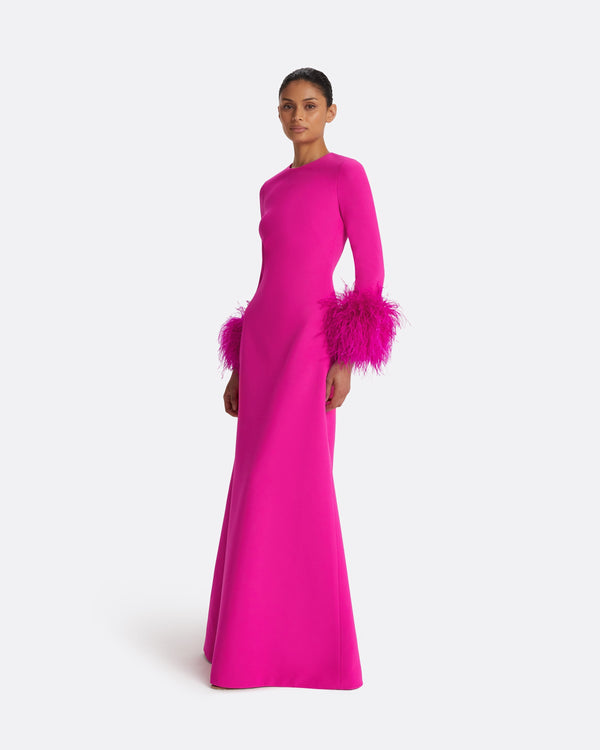 Safiyaa Renalla Wild Strawberry Feather-Trimmed Long Dress