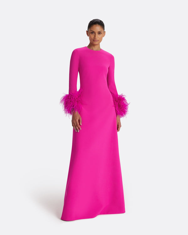 safiyaa Renalla Wild Strawberry Feather-Trimmed Long Dress