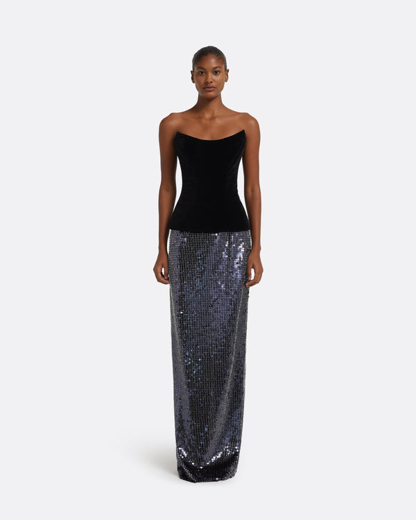 safiyaa Aiden Long Dress in Black on Navy & Silver