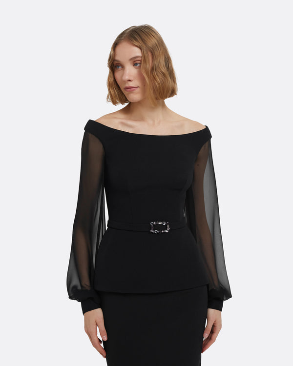 Safiyaa Breena Top In Black With Embellished Belt