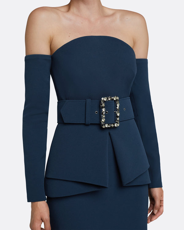 Safiyaa Giuliana Ink Blue Long Dress With Belt