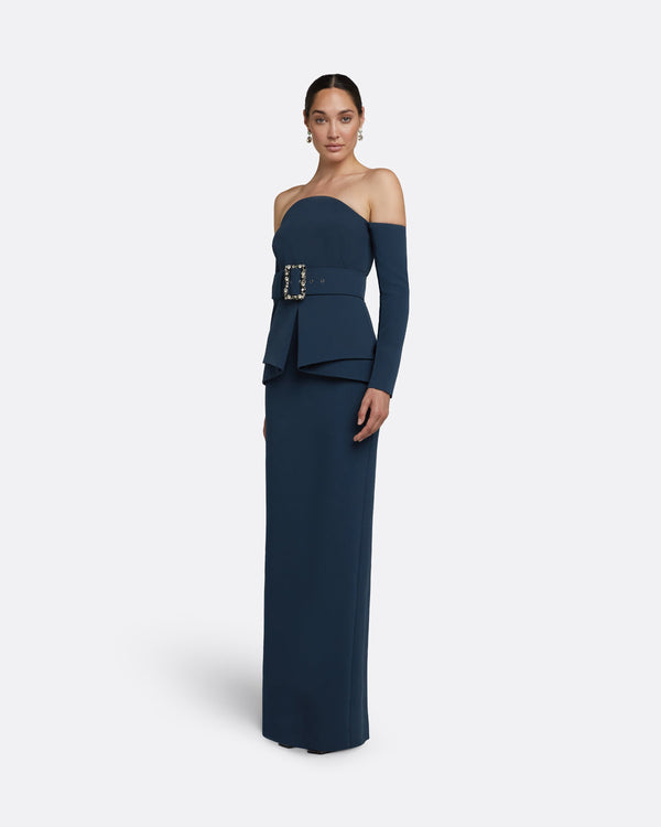 Safiyaa Giuliana Ink Blue Long Dress With Belt