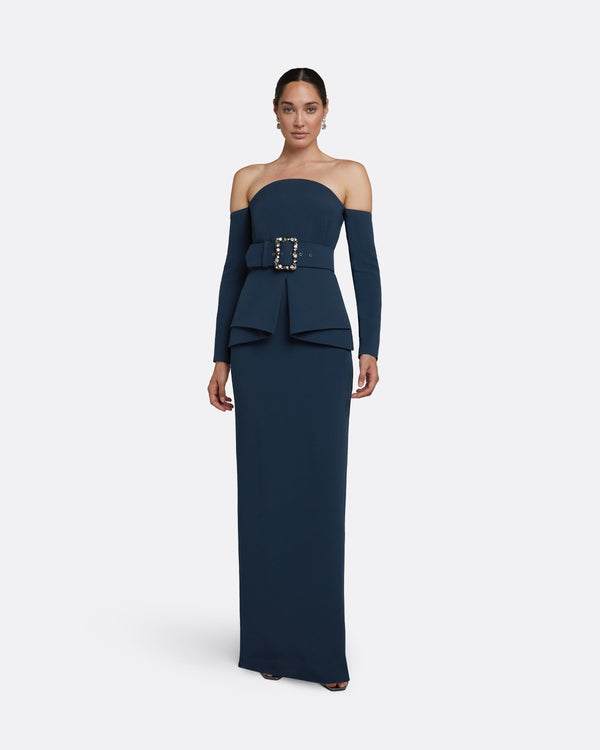 safiyaa Giuliana Ink Blue Long Dress With Belt