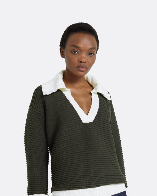 Safiyaa Kratos Slate Green & Ivory Knit Top
