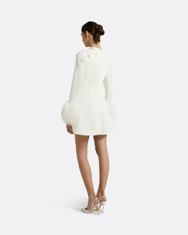 Safiyaa Rena Ivory Feather-trimmed Short Dress