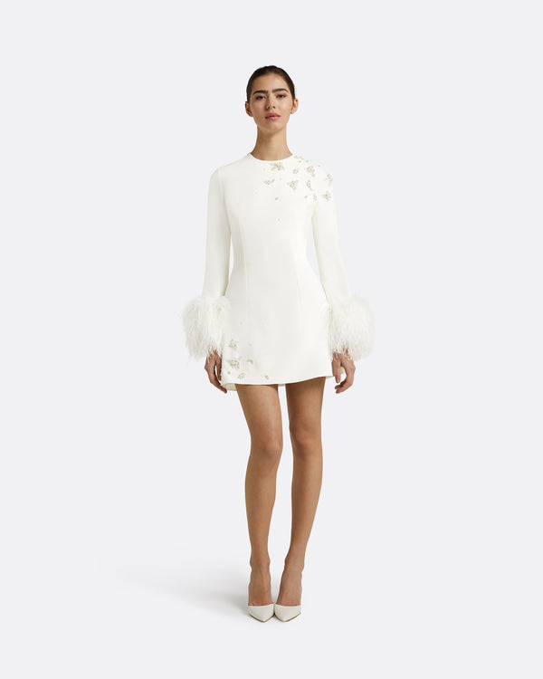 safiyaa Rena Ivory Feather-trimmed Short Dress
