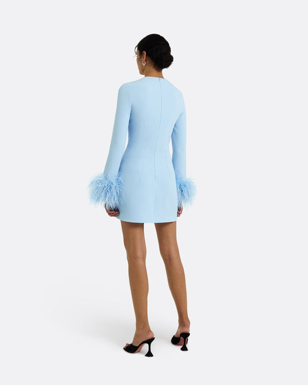 Safiyaa Rena Pale Blue Feather-Trimmed Short Dress