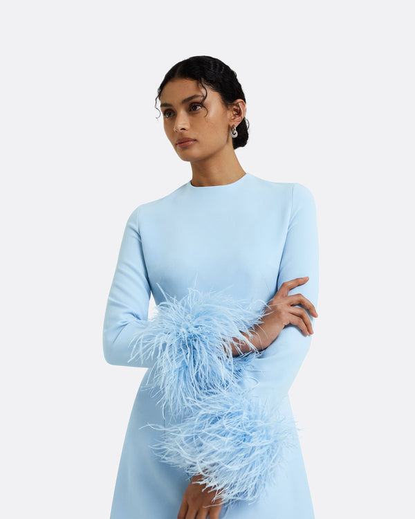 Safiyaa Rena Pale Blue Feather-Trimmed Short Dress