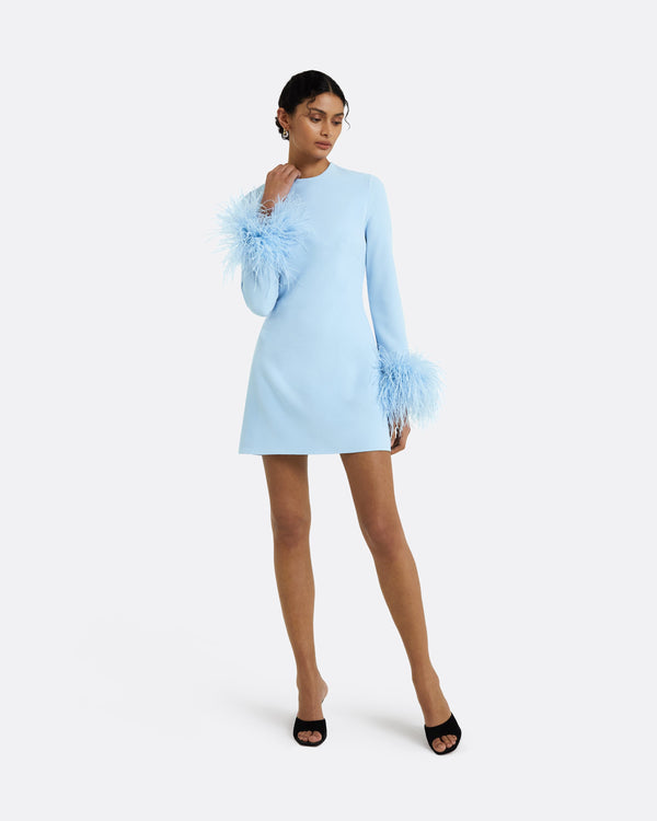 safiyaa Rena Pale Blue Feather-Trimmed Short Dress