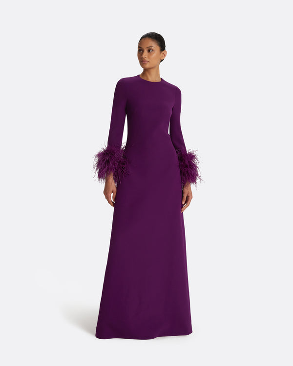safiyaa Renalla Currant Feather-Trimmed Long Dress