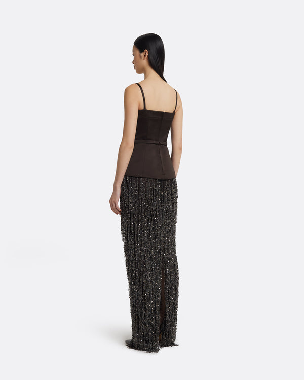 Safiyaa Saori Long Dress In Peat Brown On Black