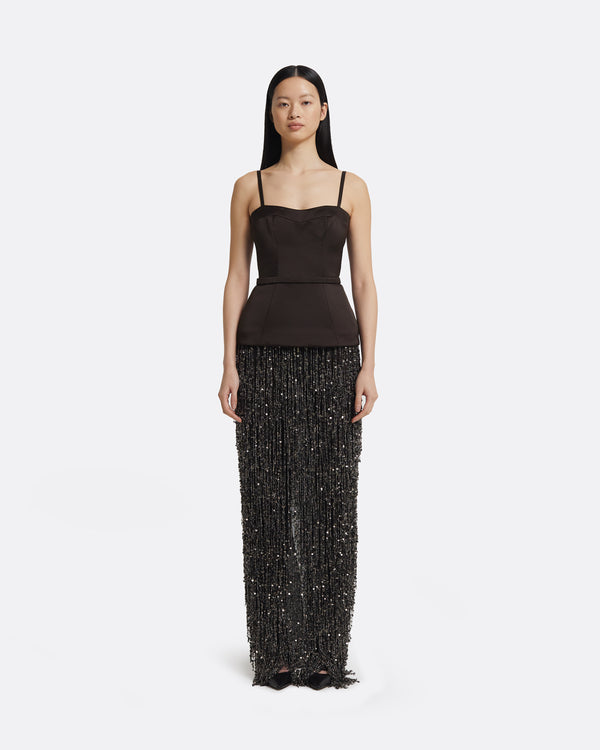 safiyaa Saori Long Dress in Peat Brown On Black