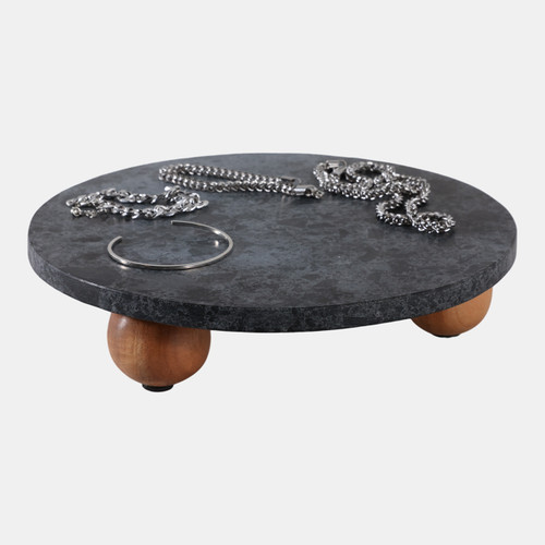 Sagebrook Home 10" Marble Round Tray On Wood Ball Feet Black Wishlist Create New