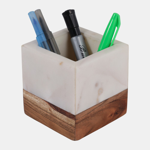 Sagebrook Home 4" Marble And Wood Pencil Cup White/brown Wishlist Create New
