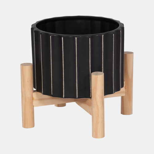 Sagebrook Home 6" Ceramic Fluted Planter W/ Wood Stand Black Wishlist Create New