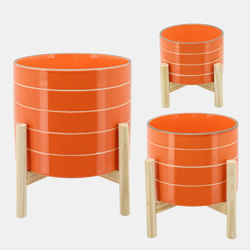 Sagebrook Home 6" Striped Planter W/ Wood Stand Orange Wishlist Create New