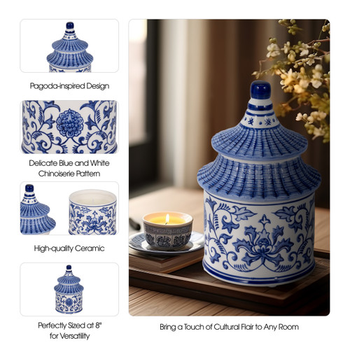 Sagebrook Home 8" 9oz Plumeria Chinoiserie Pagoda Candle Blu/wht Wishlist Create New