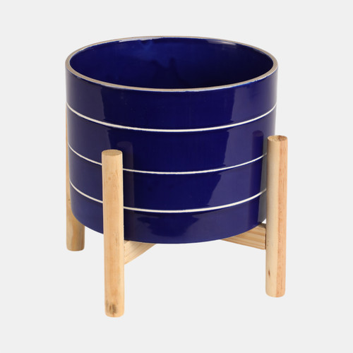 Sagebrook Home 8" Striped Planter W/ Wood Stand Navy Wishlist Create New