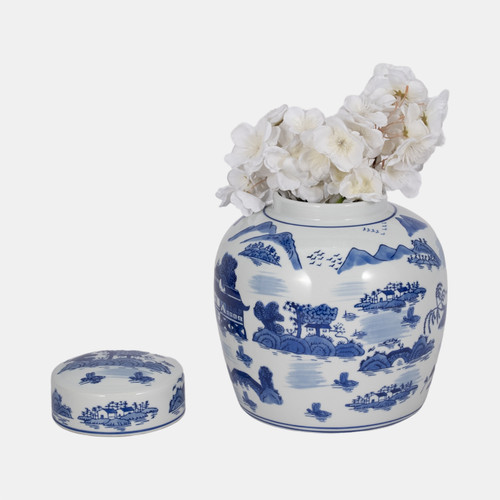 Sagebrook Home Cer 9"h Rounded Jar W/ Lid Blue Wishlist Create New