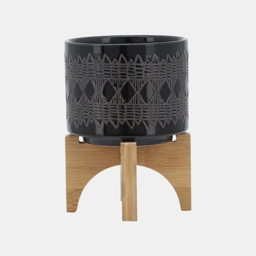 Sagebrook Home Ceramic 5" Aztec Planter On Wooden Stand Black Wishlist Create New
